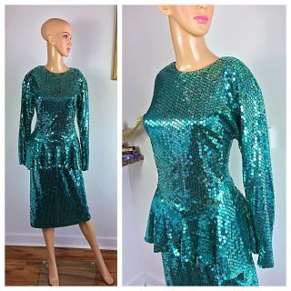 Vtg 80s Party Prom Dynasty Trophy Mermaid Green Glitter Sequin Peplum Dress M L