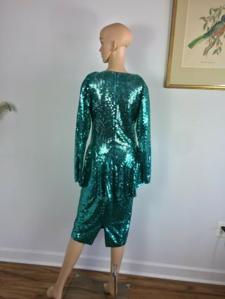 Vtg 80s Party Prom Dynasty Trophy Mermaid Green Glitter Sequin Peplum Dress M L 3