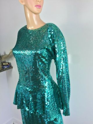 Vtg 80s Party Prom Dynasty Trophy Mermaid Green Glitter Sequin Peplum Dress M L 4
