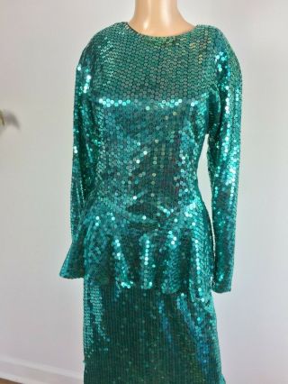 Vtg 80s Party Prom Dynasty Trophy Mermaid Green Glitter Sequin Peplum Dress M L 5