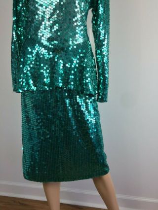 Vtg 80s Party Prom Dynasty Trophy Mermaid Green Glitter Sequin Peplum Dress M L 6