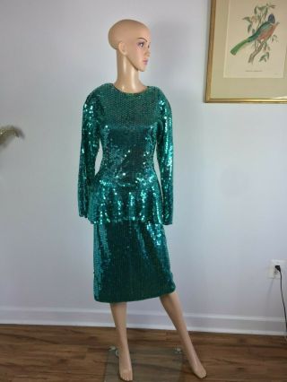 Vtg 80s Party Prom Dynasty Trophy Mermaid Green Glitter Sequin Peplum Dress M L 7