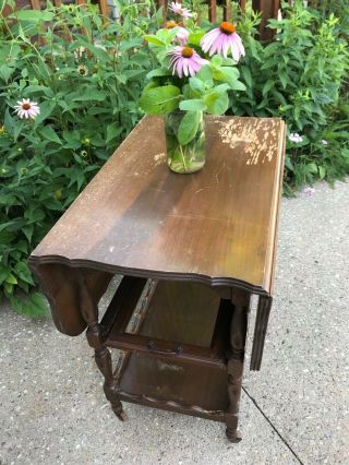 Antique VTG 1960s Moving Wood Bar Tea Serving Buffet Cart Removable Glass Tray 2