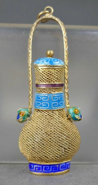 Fine Antique Chinese Gold Gilt Silver Filigree Enamel Vinaigrette Scent Pendant