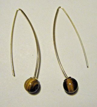 Eg Vtg Modern 1980s 1 3/4 " 14k Yellow Gold & Tiger Eye Bead Dangle Dropp Earrings