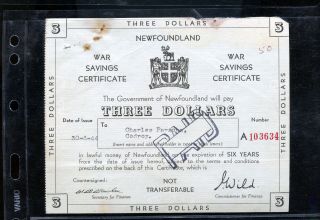 1944 Wwii Newfoundland War Savings Certificate $3.  00 Codroy Bm201