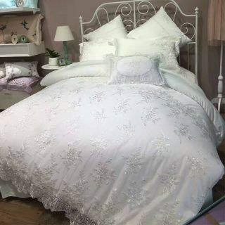 White Vintage Ruffle Lace Embroidered Quilt Duvet Cover Bedding Set Pillow Case