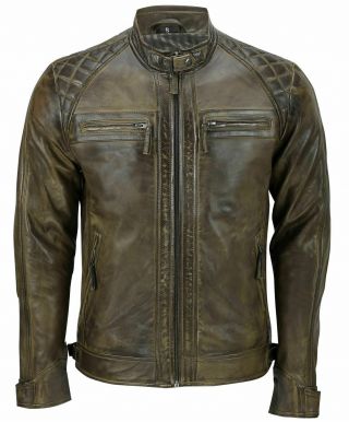 Mens Biker Quilted Vintage Motorcycle Cafe Racer Olive Distressed Leather Jacket