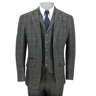 Cavani Mens 3 Piece Tweed Suit Vintage Herringbone Grey Check Retro Slim Fit