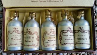 Vintage Molinard Perfume Boxed Set Of 4 In Aluminum Flasks Dated 1953