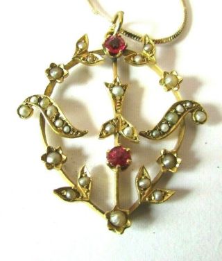 Antique Victorian 9k Gold Pendant With Rubies And Seed Pearls Stunning