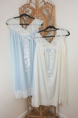 2 Vtg 50s 60s Nos Twinsy Babydoll Nightgowns Double Chiffon Sheer Lace L