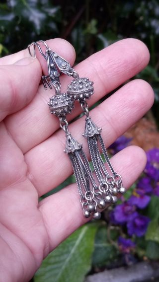Vintage Antique Victorian Solid Sterling Silver Tassle Long Drop Earrings
