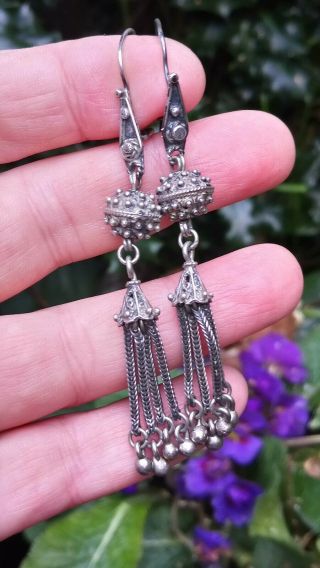 Vintage Antique Victorian Solid Sterling silver Tassle Long Drop Earrings 5