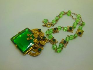 Vintage Estate Old Art Deco Large Emerald Green Czech Glass Rhinestone Necklace