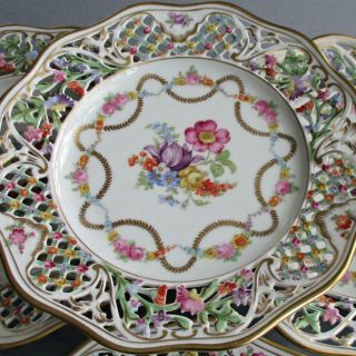 6 Vintage Dresden Schumann Porcelain Reticulated Plates Flowers Swags W Gilt