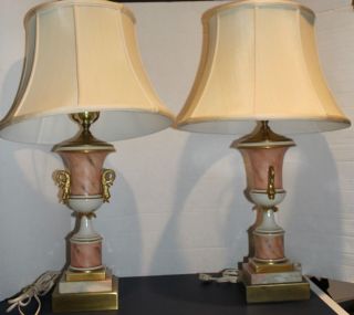 Italian Marble Pink Vintage Set Of Two Side Table Lamps Art Deco Roseart Shades