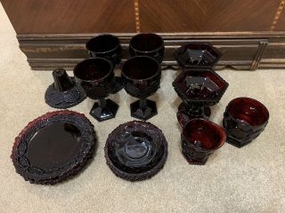 Avon Cape Cod 1876 Ruby Red Saucer Champagne Glass Plates Set Of 17 Vintage