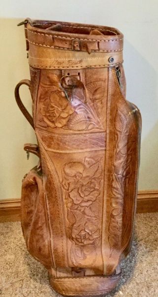 Vintage Tooled Leather Golf Bag " Mexico ",  Rose & Leaf Design,  W/cap Top,  Western