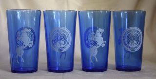 4 Vintage Hazel Atlas Glass Texas Centennial Expo Dallas 1936 Alamo Blue Glasses