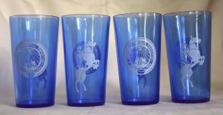 4 Vintage Hazel Atlas Glass TEXAS CENTENNIAL EXPO DALLAS 1936 Alamo Blue Glasses 2