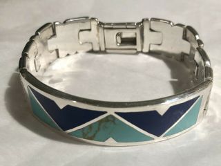 Vintage Mexico 925 Sterling Silver Link Cuff Bracelet Signed Turquoise Inlay