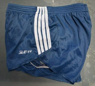 Men Sub4 NWOT VTG 80s SMALL nylon tricot split running shorts NAVY/white stripes 2