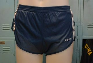 Men Sub4 NWOT VTG 80s SMALL nylon tricot split running shorts NAVY/white stripes 4