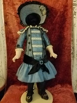 Doll Dress And Hat For Antique French Or German Doll Blue Silk For 22 Inch Doll