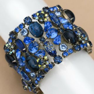 Vtg Unsigned Alice Caviness Givre Art Glass Blue Rhinestone Wide Cuff Bracelet