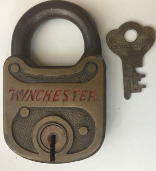 Rare Authentic Old Winchester Gun Padlock W/ Key Lock Brass Case - Great