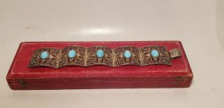 Antique Silver Bracelet & Turquoise Stone - 7.  5in - Orig Box/leather Case - Nr