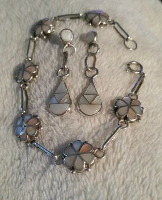 Vintage Zuni Mop Sterling Inlay Flower Design Link Bracelet & Mop Earrings Cute
