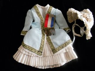 Vintage French Antique Style Doll Dress With Bonnet And Bebe Pin Ribbon