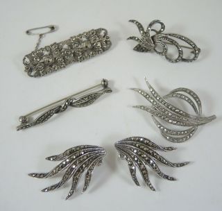 6 Art Deco Vintage Sterling Silver & Marcasite Jewellery Brooches & Earrings