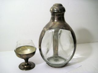 Vtg Scotch Whiskey Pinch Decanter Sterling Silver W/ Rare Cognac Snifter Glass