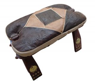 Vintage Egyptian Camel Foot Stool Ottoman Saddle Leather Wood Embossed Brass