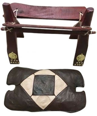 Vintage Egyptian Camel Foot Stool Ottoman Saddle Leather Wood Embossed Brass 4