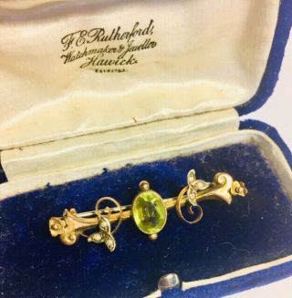 Antique Edwardian Art Nouveau 9ct Gold Seed Pearl And Peridot Brooch/pin