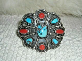 Rare Vintage Signed Del Adams Navajo Silver Turquoise Coral Cuff Bracelet