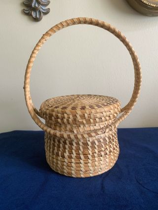 Vintage South Carolina Gullah Sweetgrass Basket W/ Label By Charlotte Kennedy