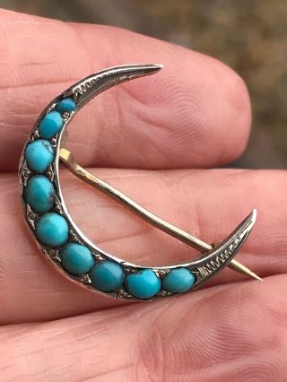 Antique Victorian Silver & Turquoise Stone Crescent Moon Brooch Pin