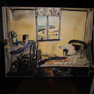 Vintage Watercolor Painting - Interior Scene Desk Bed Window - Listed Walter Dehner