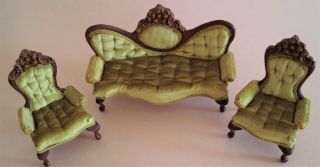 Vintage Minature Doll House Furniture,  Green Settee & 2 Chairs By Mel Prescott