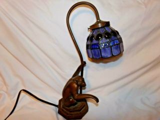 Vintage Art Deco Desk Lamp Monkey Spelter With Stain Glass Shade