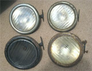 4 Vintage Model T Car Headlamps - 3 W/ford H Lenses - 1 W/hudson Lens