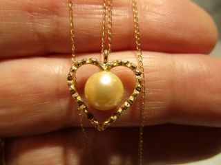 Vtg 14k Gold Chain&genuine Mikimoto Quality Pearl Heart Pendant Estate