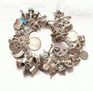Lovely Vintage Solid Silver Charm Bracelet & 51 Charms.  Opening,  Moving.  108 29 G