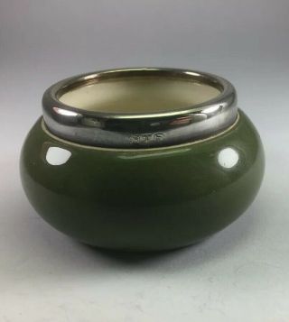 Antique Victorian 1919 Sterling Silver & Porcelain Hunter Green Salt Cellar 2.  3”