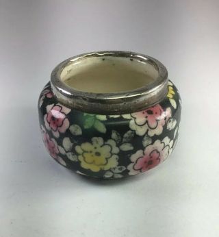 Antique Victorian 1920 Sterling Silver & Porcelain Floral Salt Cellar Size 2”